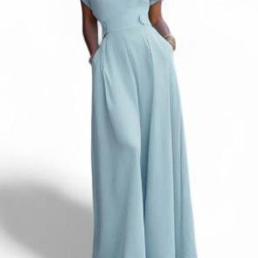 UOOZEE Women's Cap Sleeve Wide Leg Light Blue Jumpsuit with Pockets